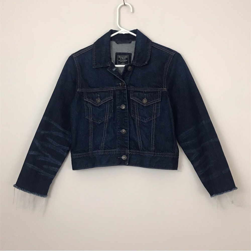 Abercrombie & Fitch Dark Wash Cropped Cut Sleeve Denim Jean Jacket Women's Sz S